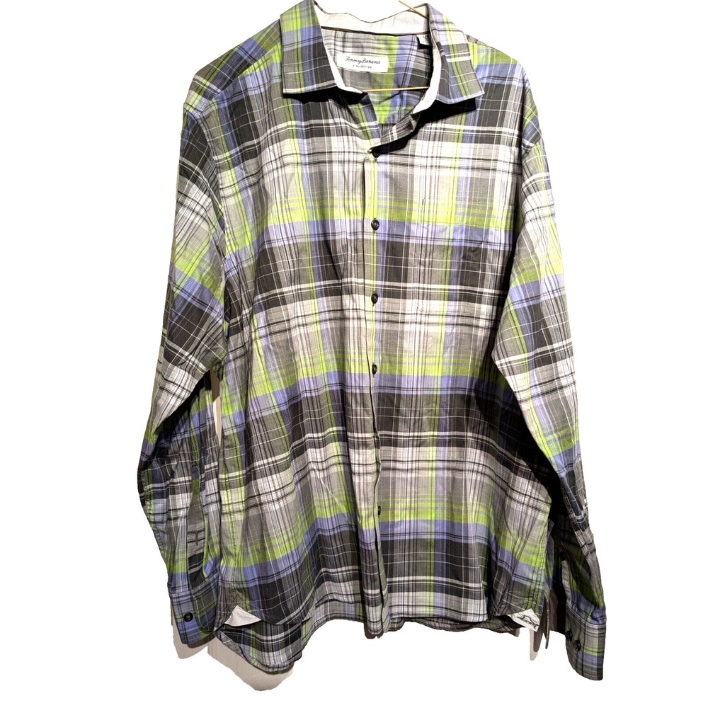 Tommy Bahama Pima Cotton Men Sz: L Neon Green & Gray Plaid Casual Button Pocket
